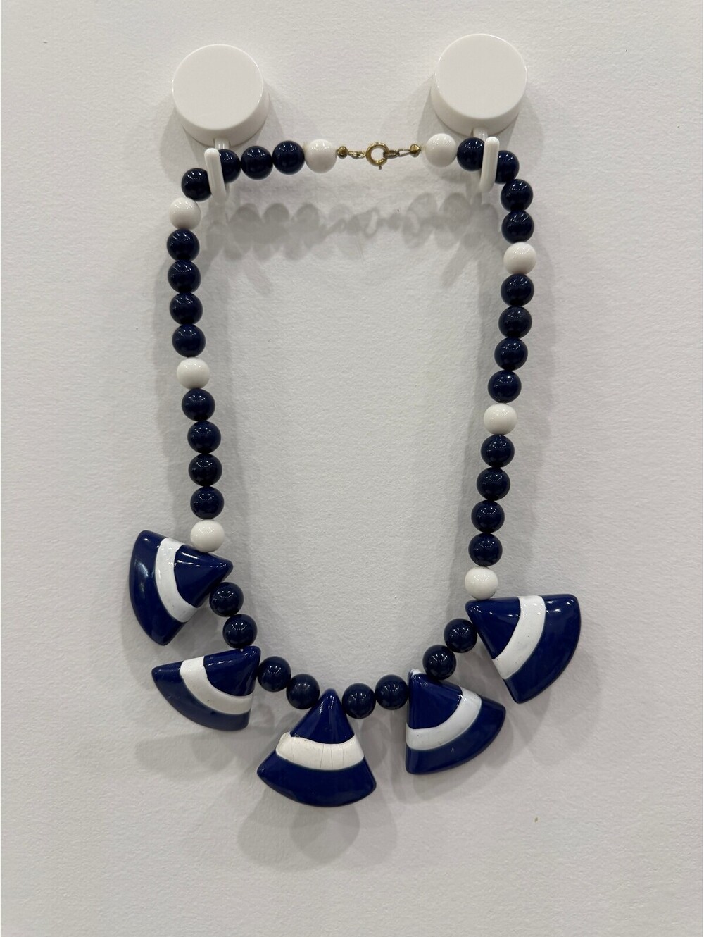 Vintage Blue and White Beaded Statement Necklace with Geometric Pendants